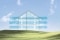 Schematic diagram of a house on a green field.