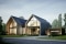 The picture shows a modern residential building with garden and garage.